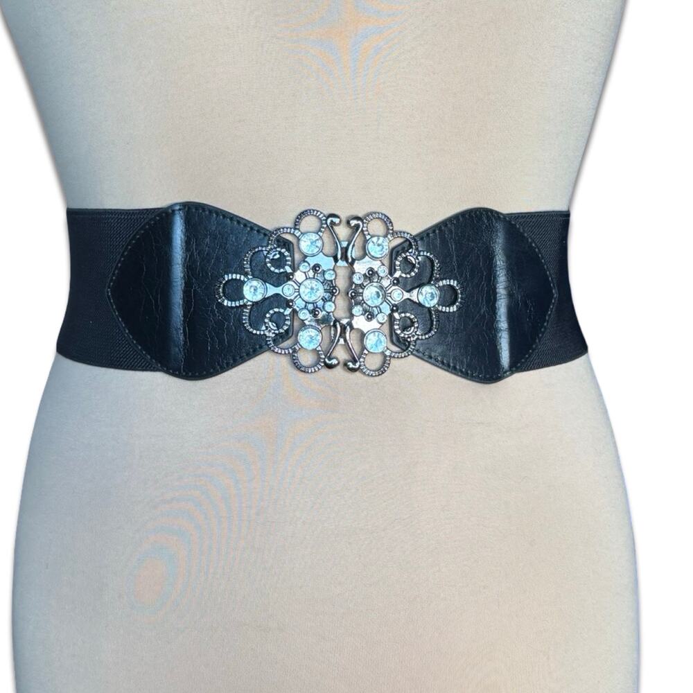 Black Elastic Waist Belt Statement Rhinestone Buckle Stretch Waist Cinch Romance